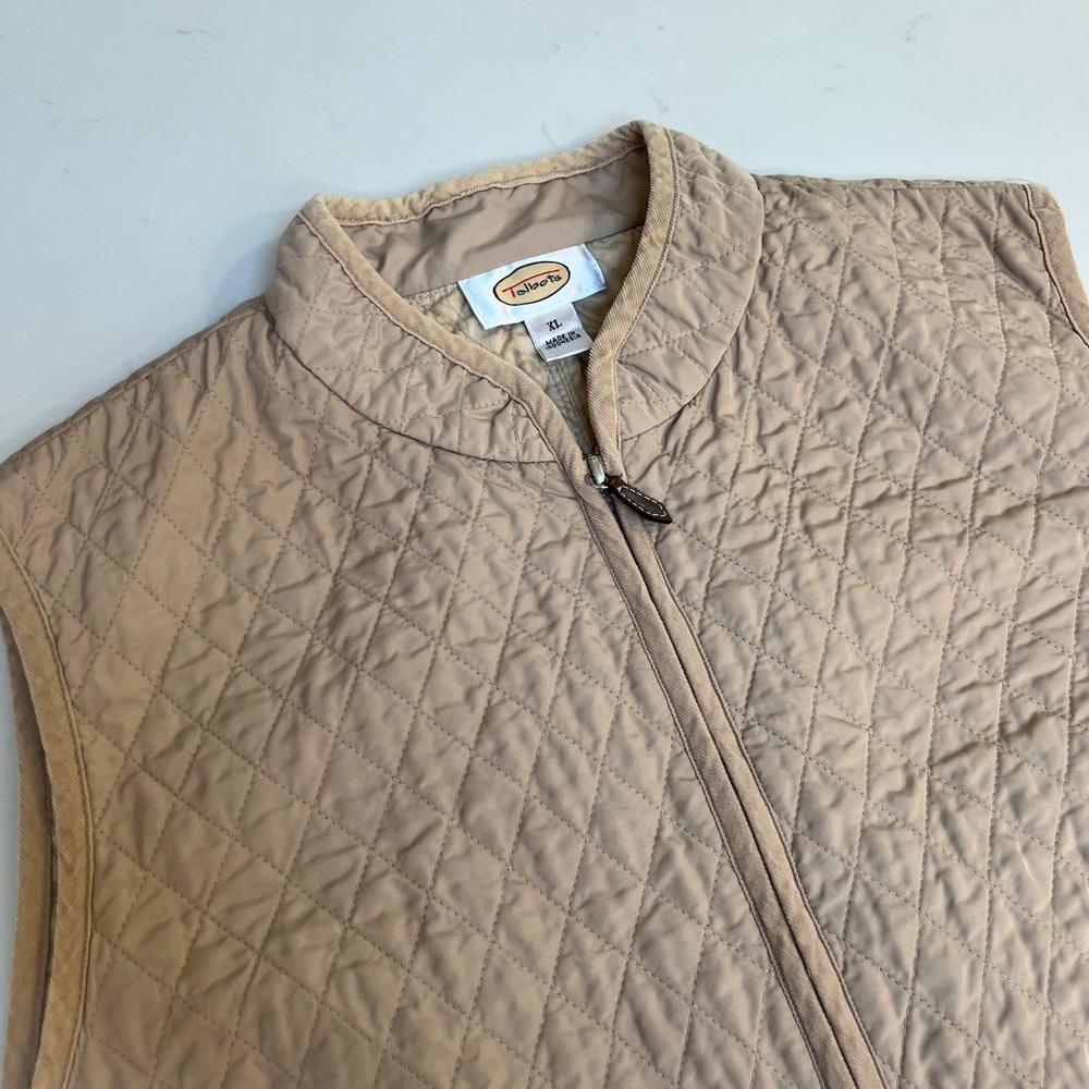 Talbots Womens XL Tan Quilted Zip Front Vest Corduroy Trim Mock Neck Beige